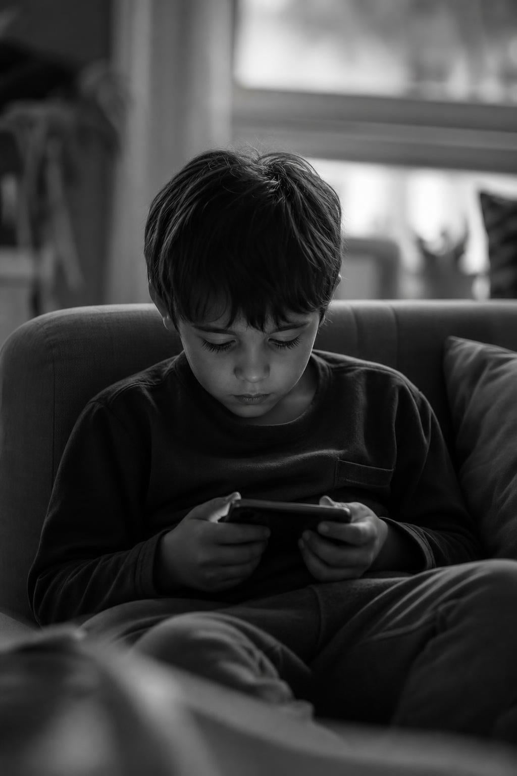 Niño absorto mirando la pantalla de un celular