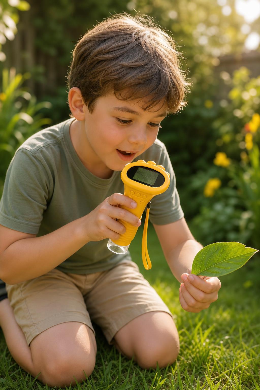 Niño explorando una hoja con el microscopio TinyPeek